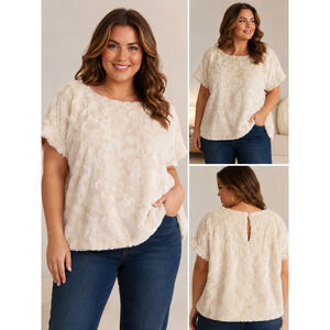Maeve Anthropologie Faux Fur Top Cream Ivory Plush Short Sleeve Pullover 3X